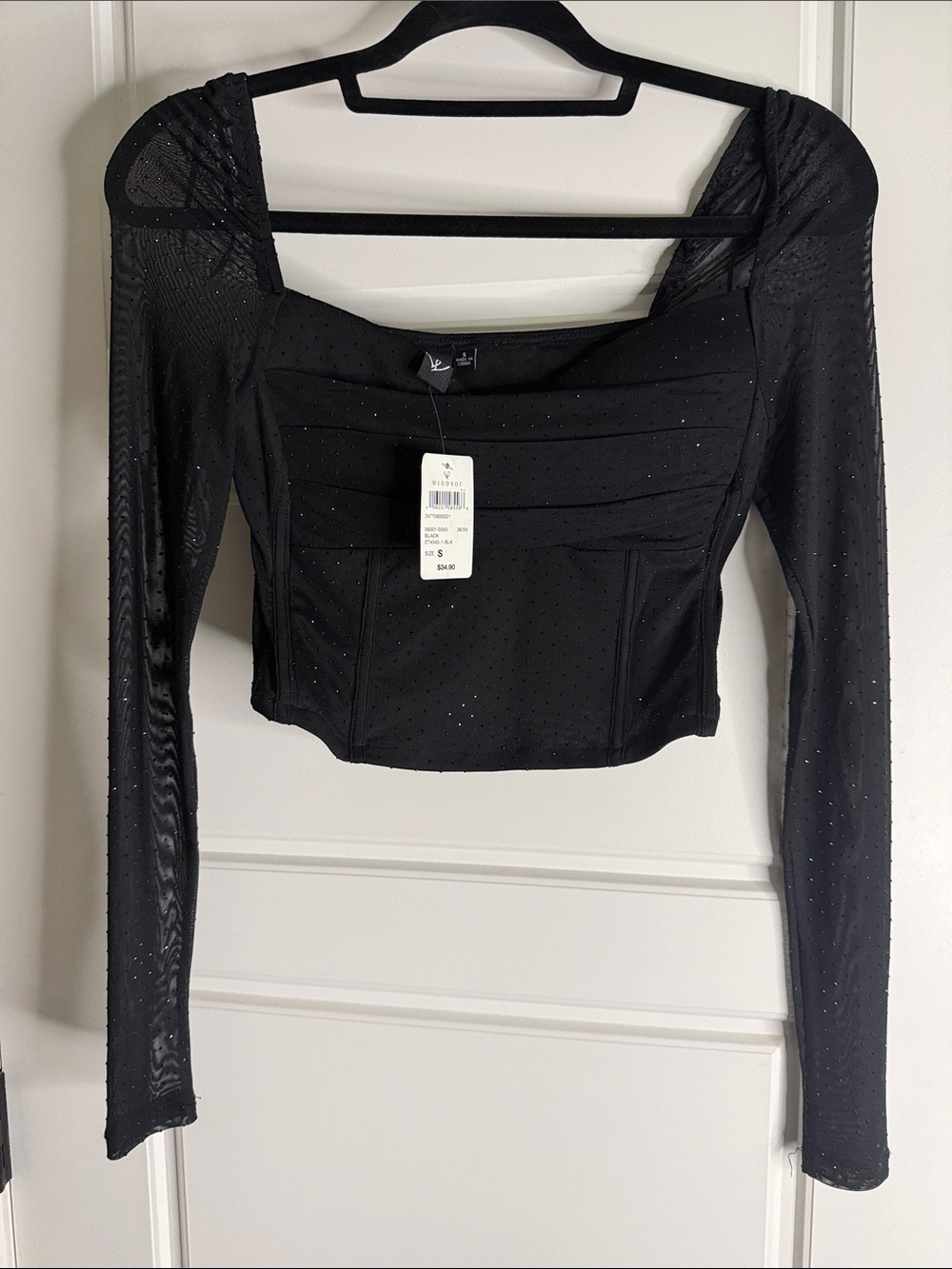 Windsor Black Sparkle Square-Neck Long Sleeve Crop Top